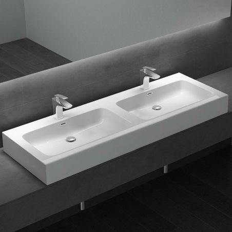 Doppelwaschbecken EGO 830, Weiß, matt, 140 x 48 cm, Aufsatz- oder Hängemontage, Marmor-Verbundwerkstoff, zwei Armaturenlöchern