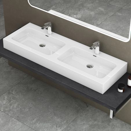 Doppelwaschbecken EGO 830, Weiß, glänzend, 140 x 48 cm, Aufsatz- oder Hängeinstallation, Verbundwerkstoff, zwei Armaturenlöchern