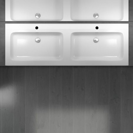 Doppelwaschbecken EGO 830, Weiß, glänzend, 140 x 48 cm, Aufsatz- oder Hängeinstallation, Verbundwerkstoff, zwei Armaturenlöchern