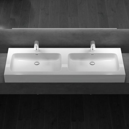 Doppelwaschbecken EGO 830, Weiß, glänzend, 140 x 48 cm, Aufsatz- oder Hängeinstallation, Verbundwerkstoff, zwei Armaturenlöchern