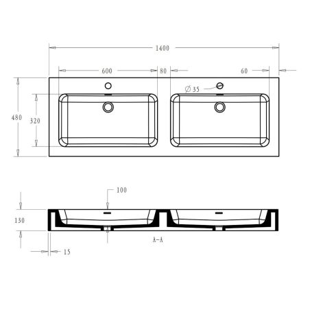 Doppelwaschbecken EGO 830, Weiß, glänzend, 140 x 48 cm, Aufsatz- oder Hängeinstallation, Verbundwerkstoff, zwei Armaturenlöchern