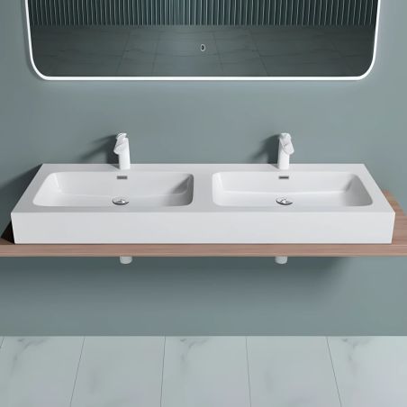 Doppelwaschbecken EGO 830, Weiß, glänzend, 140 x 48 cm, Aufsatz- oder Hängeinstallation, Verbundwerkstoff, zwei Armaturenlöchern