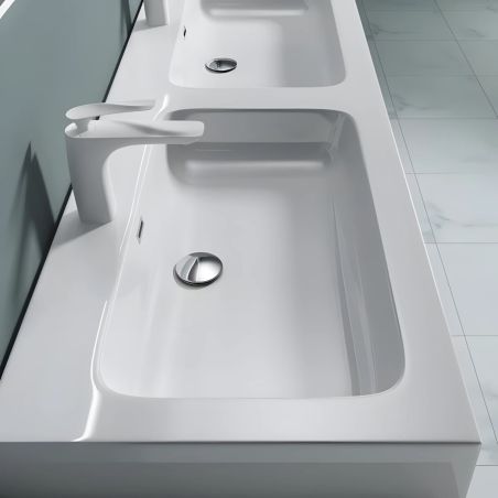 Doppelwaschbecken EGO 830, Weiß, glänzend, 140 x 48 cm, Aufsatz- oder Hängeinstallation, Verbundwerkstoff, zwei Armaturenlöchern