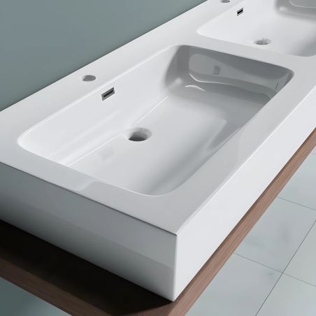 Doppelwaschbecken EGO 830, Weiß, glänzend, 140 x 48 cm, Aufsatz- oder Hängeinstallation, Verbundwerkstoff, zwei Armaturenlöchern