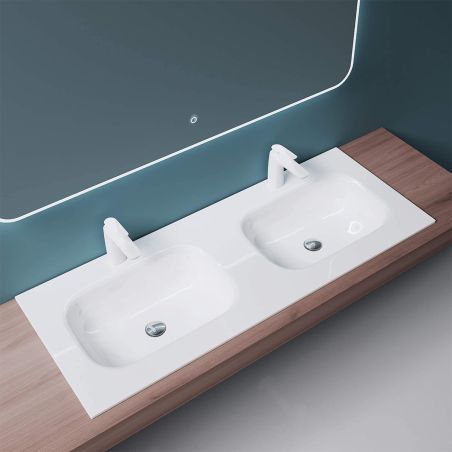 Doppelwaschbecken EGO 04, Hochglanzweiß, 120 x 48 cm, halb-unterbau, Marmor-Verbundwerkstoff, mit zwei Armaturenlöchern