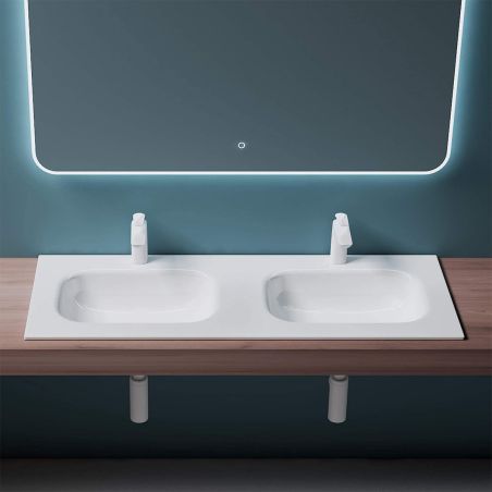 Doppelwaschbecken EGO 04, Hochglanzweiß, 120 x 48 cm, halb-unterbau, Marmor-Verbundwerkstoff, mit zwei Armaturenlöchern