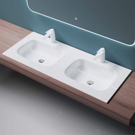 Doppelwaschbecken EGO 04, Hochglanzweiß, 120 x 48 cm, halb-unterbau, Marmor-Verbundwerkstoff, mit zwei Armaturenlöchern