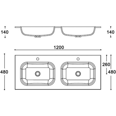 Doppelwaschbecken EGO 04, Hochglanzweiß, 120 x 48 cm, halb-unterbau, Marmor-Verbundwerkstoff, mit zwei Armaturenlöchern