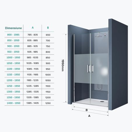 Duschtür EGO-24D, 6 mm Sicherheitsglas, transparent, 180°-Öffnung, 80–85–100–140 cm, Nano-Easy-Clean-Beschichtung