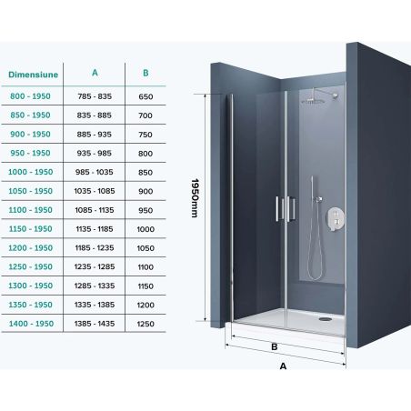 Duschtür EGO-24D, 6 mm Sicherheitsglas, transparent, 180°-Öffnung, 80–85–100–140 cm, Nano-Easy-Clean-Beschichtung