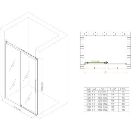 Duschtür Ego 12, Mattschwarz, 100–120–140x195 cm, Schiebetür, 6 mm Sicherheitsglas, Nano Easy Clean