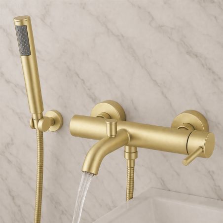 Badewannenarmatur, Wandmontage, Stahl, Handbrause, Mattgold, Fino