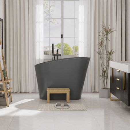 Japanische Badewanne, Mineralverbund, MatteAnthracite, 120x58 cm, Wärmeisolierung, Abfluss inklusive, Freistehend, Sakura