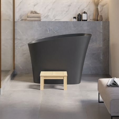 Japanische Badewanne, Mineralverbund, MatteAnthracite, 120x58 cm, Wärmeisolierung, Abfluss inklusive, Freistehend, Sakura