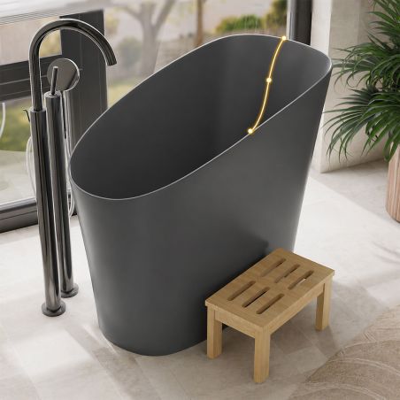 Japanische Badewanne, Mineralverbund, MatteAnthracite, 120x58 cm, Wärmeisolierung, Abfluss inklusive, Freistehend, Sakura