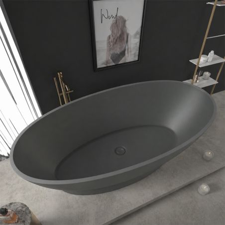 Badewanne, freistehend, Mineralverbund, Ablauf inklusive, Matte Anthracite, 160x83 cm, Edena