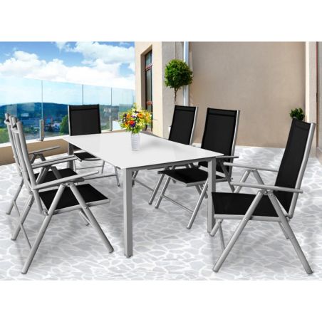 Gartenmöbel-Set für die Terrasse, großer Tisch mit matter Glasplatte, 6 klappbare Aluminiumstühle, 150 x90x75 cm, Clinton