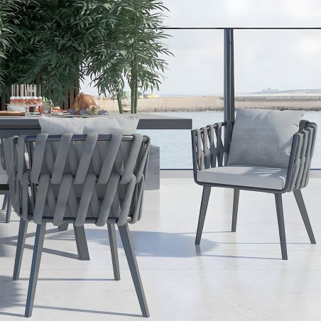 Stuhl Riga, für Terrassenmöbel, Aluminium, 5 cm Kissen, Seilgeflecht, 58 x 64,5 x 75 cm