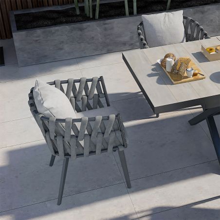 Stuhl Riga, für Terrassenmöbel, Aluminium, 5 cm Kissen, Seilgeflecht, 58 x 64,5 x 75 cm