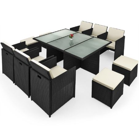 Gartenmöbel-Set für,Terrasse, faltbarer Cube, 6 Stühle mit verstellbarer Rückenlehne, 4 Hocker, 180x120x74 cm, Schwarz, Michigan