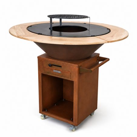 Grill mit Gusseisenplatte Aurelius, Corten 2 mm, Eichenholzplatte, Holzfach, Griff und Lenkrollen, Ø101xH100 cm