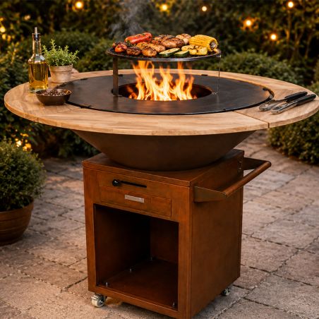 Grill mit Gusseisenplatte Aurelius, Corten 2 mm, Eichenholzplatte, Holzfach, Griff und Lenkrollen, Ø101xH100 cm