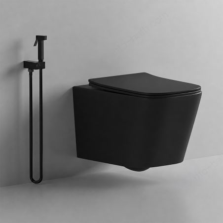 EGO Alfonso Rimless Toilettenschüssel, Mattschwarz, Power Color, hängende Montage, Duroplast Slim Soft-Close-Deckel inklusive