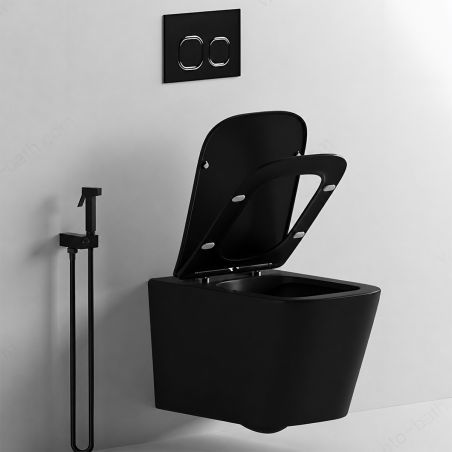 EGO Alfonso Rimless Toilettenschüssel, Mattschwarz, Power Color, hängende Montage, Duroplast Slim Soft-Close-Deckel inklusive