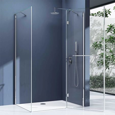 Glasduschkabine 04, feste Wand und Flügeltür, 6 mm Sicherheitsglas, Größe 75-100 x 90-140 cm