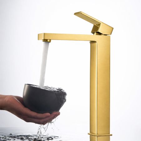 Waschbeckenarmatur, Perlator, Aufsatzmontage, Mattgold, Höhe 30 cm, Mira