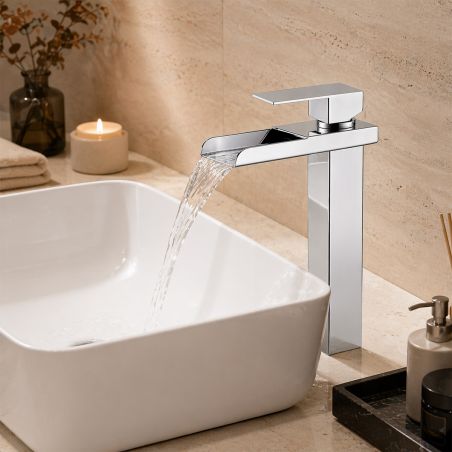 Waschtischarmatur, Wasserfall-Ausführung, Höhe 31,4 cm Aufsatzmontage, Chrom, Cortano