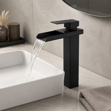 Waschtischarmatur, Wasserfall-Ausführung, Höhe 31,4 cm, Aufsatzmontage, Mattschwarz, Cortano