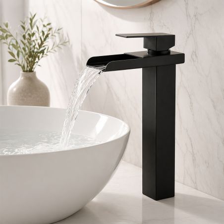 Waschtischarmatur, Wasserfall-Ausführung, Höhe 31,4 cm, Aufsatzmontage, Mattschwarz, Cortano