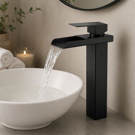 Waschtischarmatur, Wasserfall-Ausführung, Höhe 31,4 cm, Aufsatzmontage, Mattschwarz, Cortano