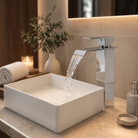 Waschtischarmatur, Wasserfall-Ausführung, Aufsatzmontage, Chrom, Avira