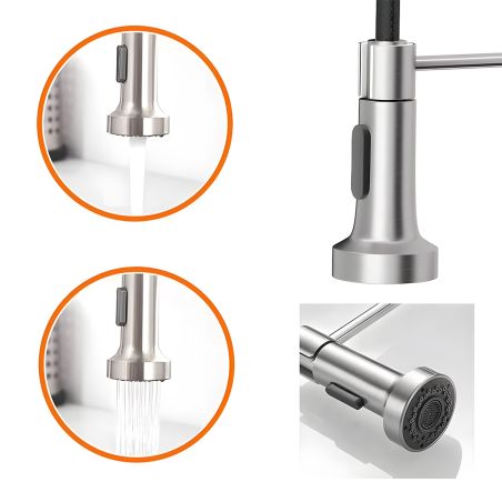 Küchenarmatur, ausziehbare Brause, 2 Strahlarten, um 360° schwenkbarer Auslauf, Edelstahl, Nickel matt, Rivon