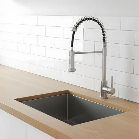 Küchenarmatur, ausziehbare Brause, 2 Strahlarten, um 360° schwenkbarer Auslauf, Edelstahl, Nickel matt, Rivon