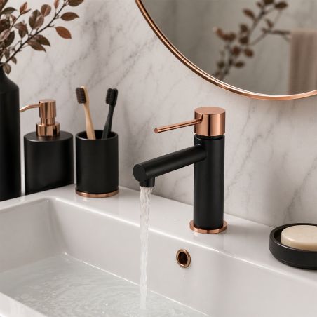 Waschtischarmatur, Strahlregler, Waschtischmontage, Schwarz mit Roségold, Murano