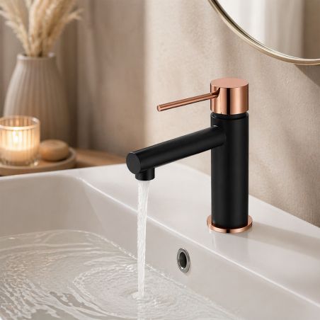 Waschtischarmatur, Strahlregler, Waschtischmontage, Schwarz mit Roségold, Murano
