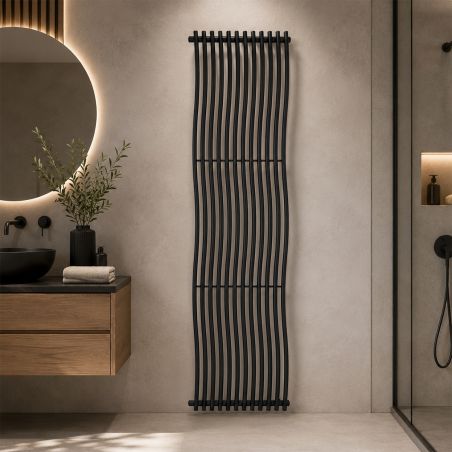 Dekorativer Heizkörper, gebogenes Design, 12 Elemente, Seitenanschluss, 180 x 50 cm, Mattschwarz, Sora