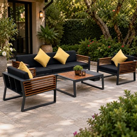 Möbelset für Garten oder Terrasse – Sofa, 2 Sessel, Couchtisch mit Ice Bucket, Aluminium und Holz, inklusive Kissen, Kia
