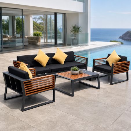 Möbelset für Garten oder Terrasse – Sofa, 2 Sessel, Couchtisch mit Ice Bucket, Aluminium und Holz, inklusive Kissen, Kia