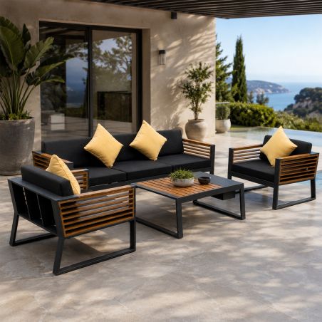 Möbelset für Garten oder Terrasse – Sofa, 2 Sessel, Couchtisch mit Ice Bucket, Aluminium und Holz, inklusive Kissen, Kia
