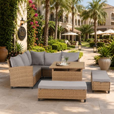 Möbelset für Garten oder Terrasse – Sofa, 2 Bänke und quadratischer Tisch, Polyrattan, Santorini
