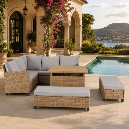 Möbelset für Garten oder Terrasse – Sofa, 2 Bänke und quadratischer Tisch, Polyrattan, Santorini