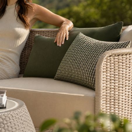 Möbelset, Garten oder Terrasse, Sessel, 3-Sitzer-Sofa, Tisch, Aluminium, Seilgeflecht, Creme-Sitzfläche, olivgrüne Kissen, NIKO