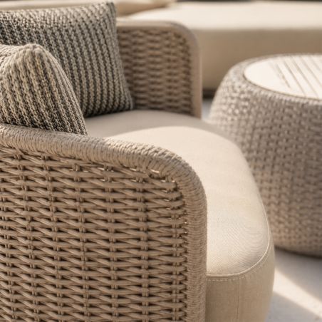 Möbelset, Garten oder Terrasse, Sessel, 3-Sitzer-Sofa, Tisch, Aluminium, Seilgeflecht, Creme-Sitzfläche, olivgrüne Kissen, NIKO