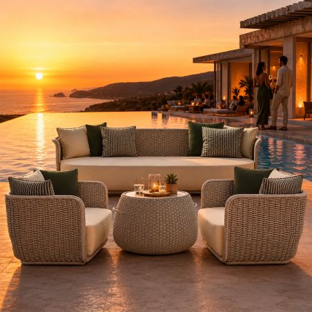 Möbelset, Garten oder Terrasse, Sessel, 3-Sitzer-Sofa, Tisch, Aluminium, Seilgeflecht, Creme-Sitzfläche, olivgrüne Kissen, NIKO