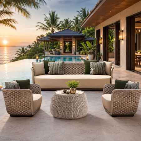 Möbelset, Garten oder Terrasse, Sessel, 3-Sitzer-Sofa, Tisch, Aluminium, Seilgeflecht, Creme-Sitzfläche, olivgrüne Kissen, NIKO