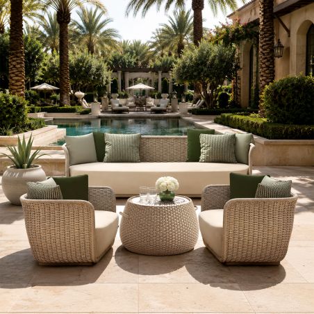 Möbelset, Garten oder Terrasse, Sessel, 3-Sitzer-Sofa, Tisch, Aluminium, Seilgeflecht, Creme-Sitzfläche, olivgrüne Kissen, NIKO
